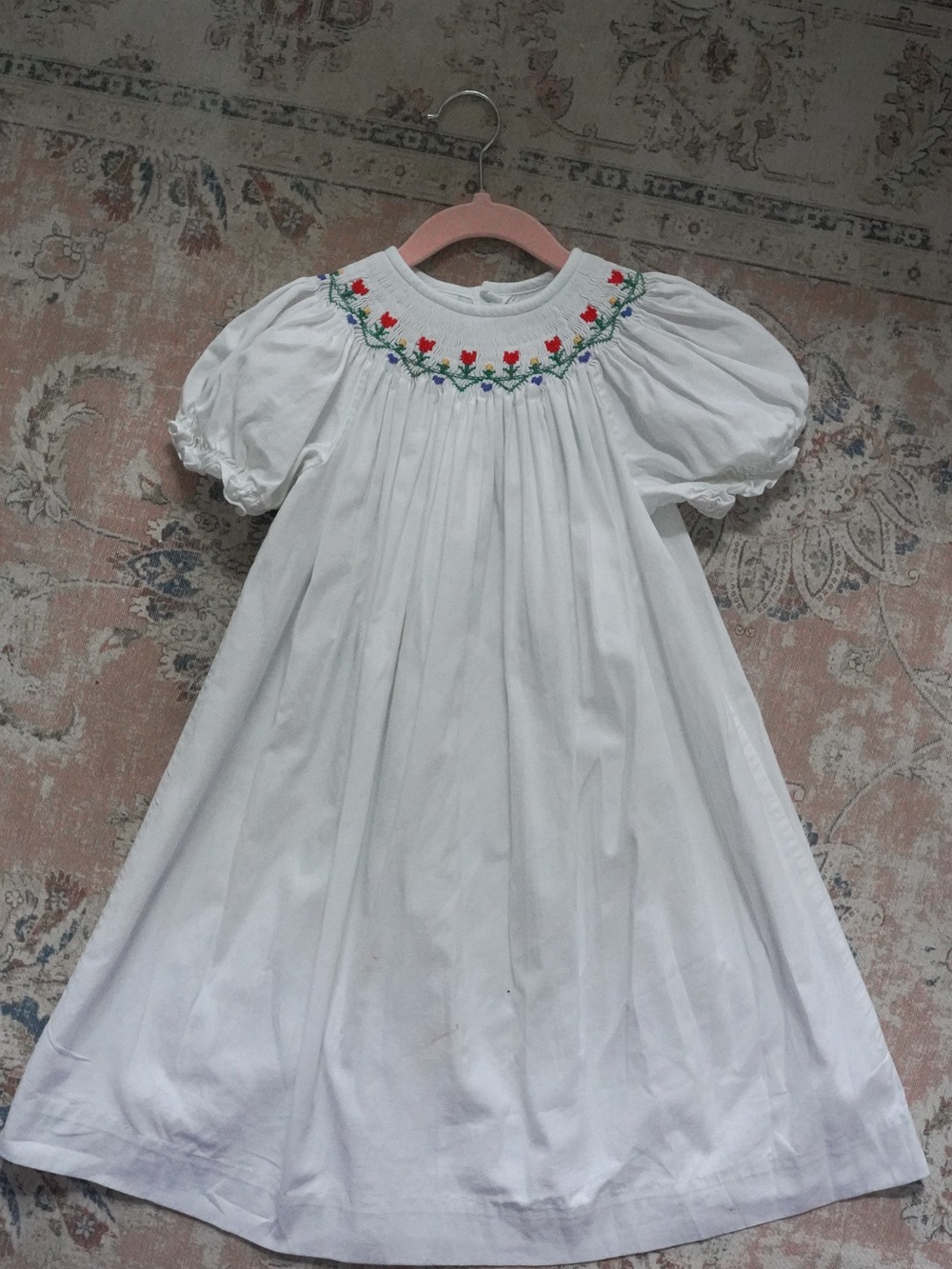 Vintage 100% Cotton 5T Silly Goose Classic White Smocked Dress Floral Smocking
